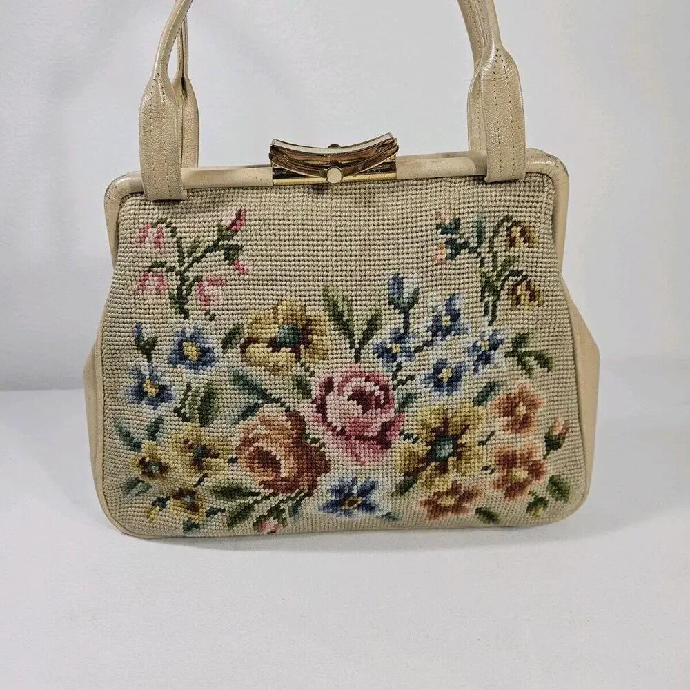Vintage 1950's Mid Century Needlepoint Floral Purse Handbag Pocket Beige - Picture 3 of 13